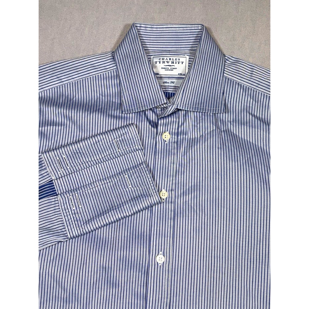 Charles Tyrwhitt Slim Dress Shirt Mens 16/36 Blue Striped French Cuff Stain